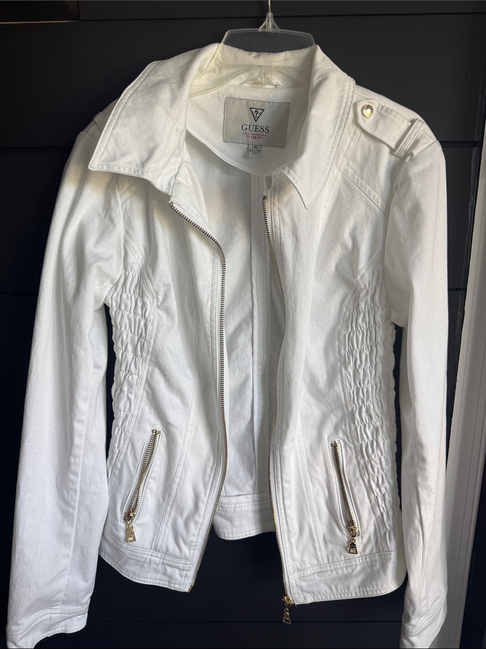 GUESS White Ruched-Panel Moto Zip Jacket
